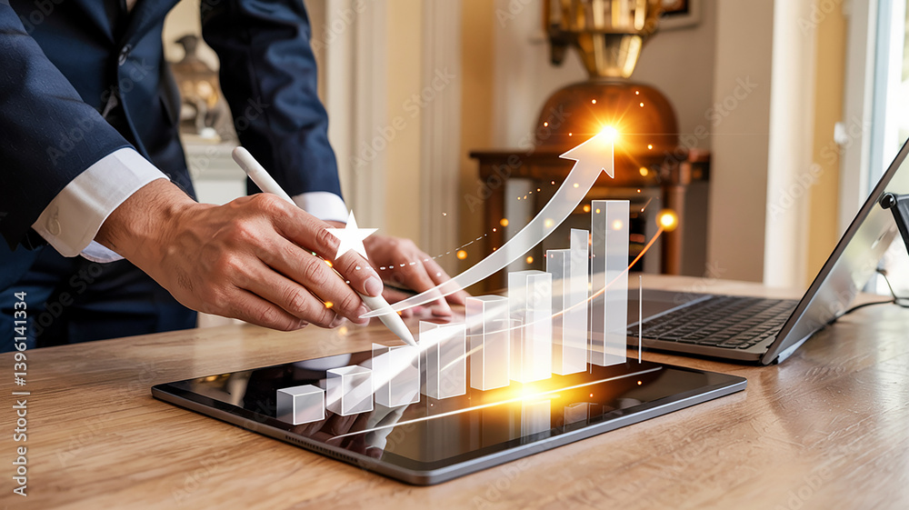 Poster business person analyzing financial data on a tablet with an upward trending graph overlayed
