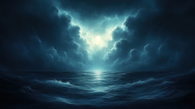 Moonlit Ocean Waves Illuminated by a Glowing Sky Dramatic Clouds and Serene Waters Perfect fo