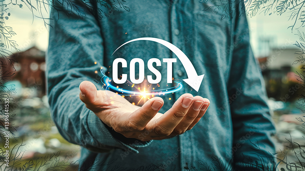 Poster a man holding the word cost with a downward arrow in his hand with a blurred background view