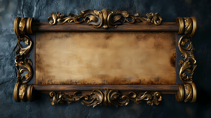 Intricately carved wooden frame with gold accents surrounding a vintage scroll, occult, ancient. Eclipsed Scroll. Illustration