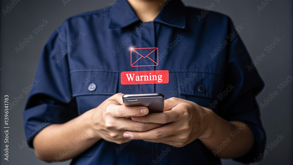 Aufkleber person holding phone with warning notification of email message in front of a dark background