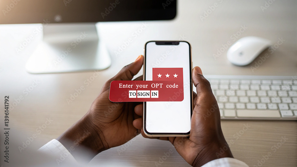 Leinwandbilder Person holding a smartphone displaying an opt code prompt with computer and keyboard on desk nearby