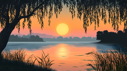 Serene lake scene with sun reflection and weeping willows on the shore at sunset. Weeping Shore. Illustration