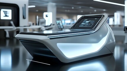 Fototapeta premium A futuristic shopping mall with automated checkout systems, sitting on a polished table in a retail development office