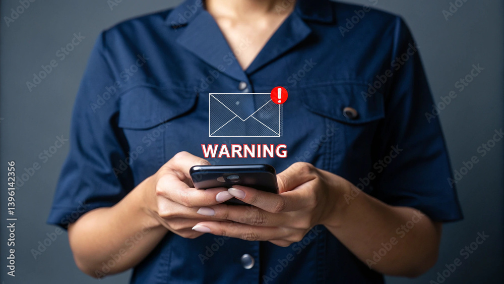 Aufkleber person holding smartphone with email warning notification and red exclamation point displayed above 