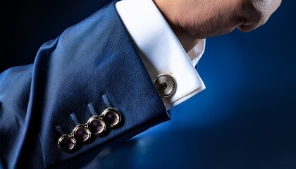 ダークブルーのマットな背景が際立たせる、ビジネスマンのシャツのカフスボタンの輝き。手元に宿る品格が、静かにプロフェッショナリズムを語るクローズアップ

