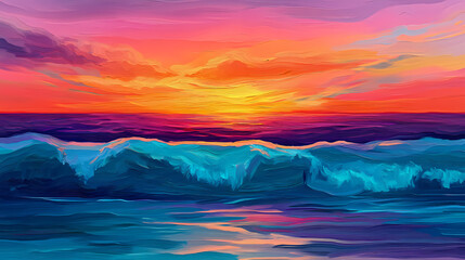 Fototapeta premium Colorful abstract water surface reflecting light in vibrant hues during twilight hours. Gloaming Waves. Illustration