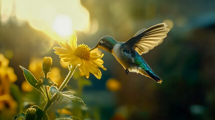 Sunrise casts a warm hue as a hummingbird pauses at a yellow bloom, its iridescent feathers lit by the morning glow.

