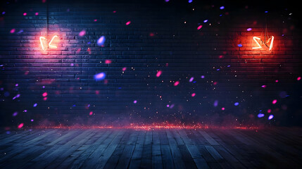 Neon Lights In Dark Brick Room With Wooden Floor