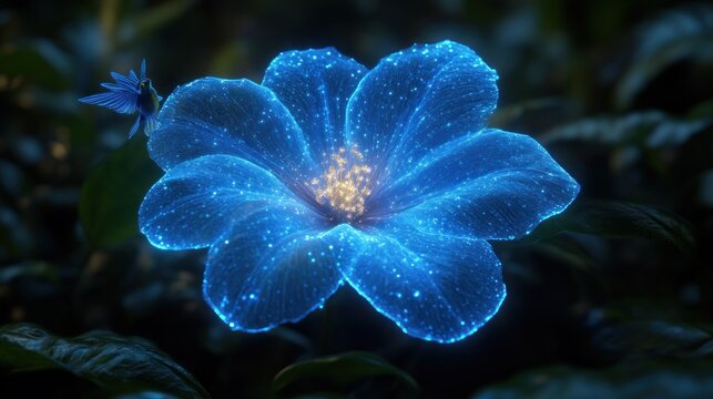 Enchanting Blue Bioluminescent Flower with Glittering Petals and a Hovering Insect in a Dark Fo