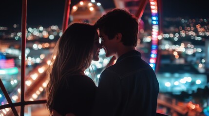 Loving gaze exchanged on a Ferris wheel ride, city lights twinkling below 