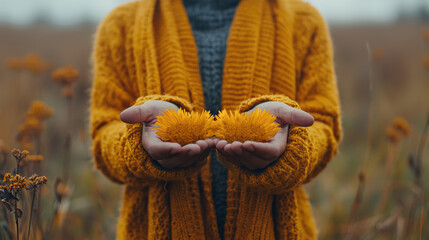 A person wea a mustard yellow cardigan gently holds two vibrant yellow flowers in their open palms in a field of autumnal blooms.