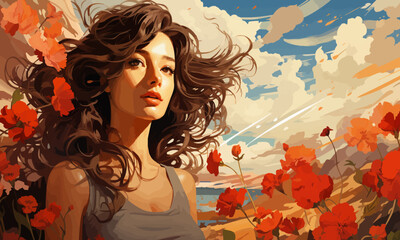 Beautiful woman standing in the flower field on a summer day, vector illustration