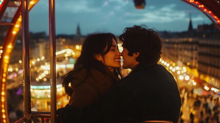 Loving gaze exchanged on a Ferris wheel ride, city lights twinkling below 