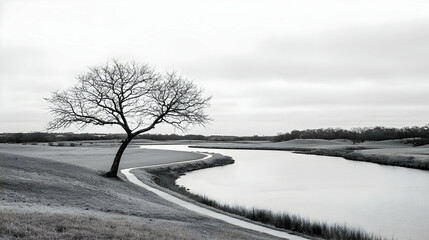 Solitude Of A Bare Tree Beside A River