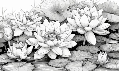 picture with sharp lines for easy colouring; In the garden, small lake with lotus flowers on the surface of the water