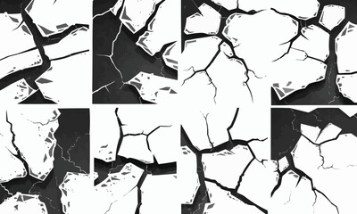 Obraz premium Black earthquake cracks. Floor cracking silhouettes, vector desert ground crash splits, abstract cracked destroying holes vector