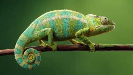 Obraz premium Vibrant turquoise chameleon with curled tail perched on branch against green background