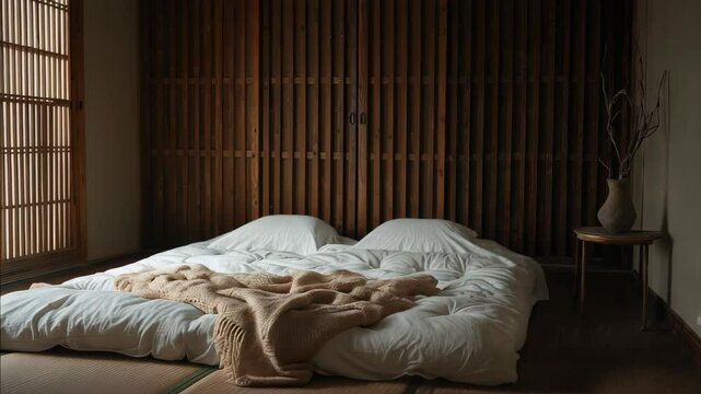 Minimalist interior design of modern Japanese bedroom with futon and tatami
