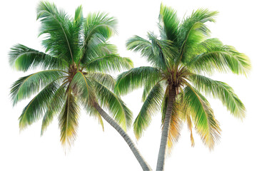 Fototapeta premium Two lush green palm trees swaying gently against a bright sky.