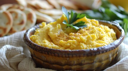 Exquisite saffron cashew butter dip a ceramic dish silky and aromatic served with crackers