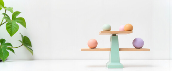Colorful balance scales with balls in minimalist setting, hormone representation
