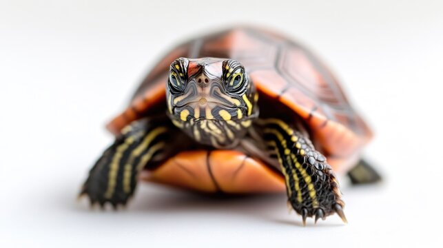 A close-up of a colorful turtle with intricate shell patterns, front view on a white background, and detailed and vibrant wildlife portrait.