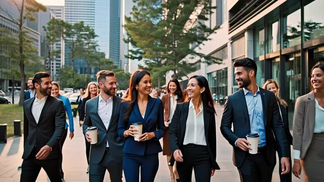 A group of people walking down a sidewalk, some of them carrying cups. Scene is busy and professional, as the people are dressed in suits and carrying cups