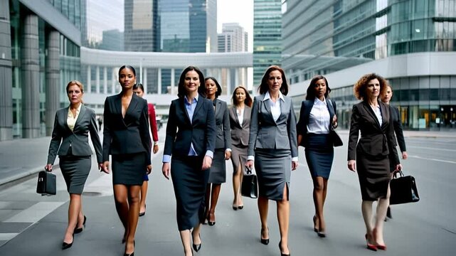 A group of businesswomen walk down a street in a financial area of the city. They all wear suits and skirts and walk in a row. Concept of professionalism and unity among women.