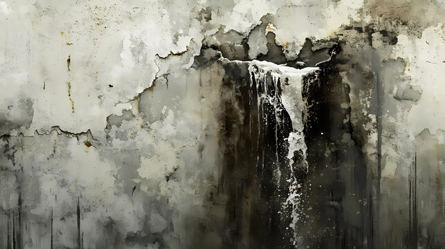 A hidden crevice in a weathered wall, where a powerful stream of water bursts forth with a deafening roar. Obscured Cascades. Illustration