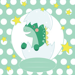 Birthday party card with dinosaur in egg, background, sample, template, text box, baby dinosaur, invitation, poster, green background with white polka dots