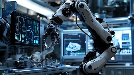 Advanced robotic arm actively manipulating components beside screens displaying technical data in a modern laboratory or manufacturing environment