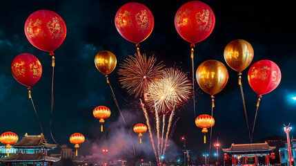 Festive Celebration With Fireworks And Balloons At Night