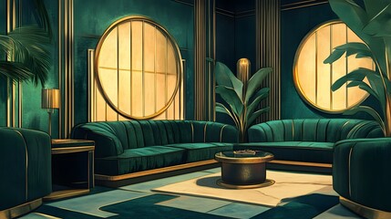 Elegant living room with green velvet sofas round mirrors and tropical plants.