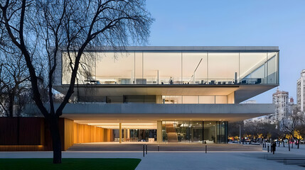 Obraz premium Modern Concrete Building With Large Windows At Dusk