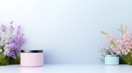 Fototapeta premium Pastel colored display podium with floral arrangements