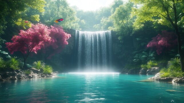 Enchanting Waterfall in a Lush Forest with Vibrant Pink Trees and Turquoise Pool Ideal for Nat