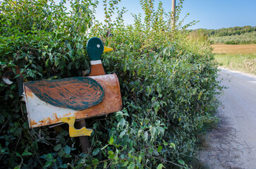 Primo piano di una cassetta per le lettere a forma di anatra lungo una strada di campagna