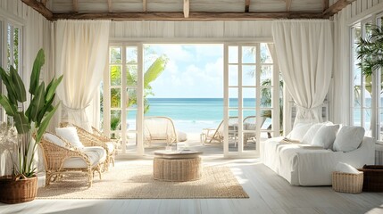 Naklejka premium Bright living room with ocean view featuring white furniture and tropical plant.