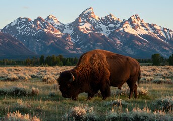 Majestic Bison Grazing in a Scenic Landscape with Snow-Capped Mountains, Wildlife Photography.