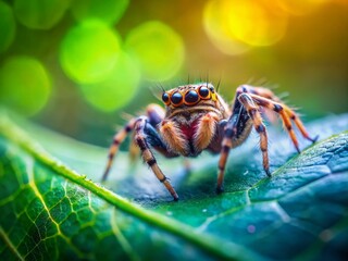 Miniature World: Tiny Spider on a Green Leaf - Tilt-Shift Photography