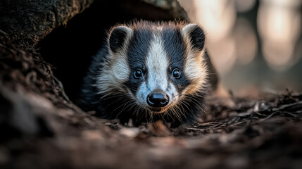 A European badger emerges cautiously from its den as dusk settles over the forest. The fading light casts long shadows as it begins foraging for food among fallen leaves and underbrush.