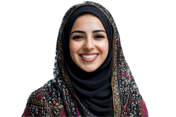 Portrait a smiling Arab middle eastern woman isolated on transparent background