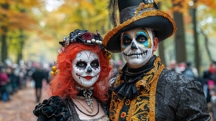 A couple dressed in elaborate Calavera Catrina costumes pose for a portrait du an autumnal outdoor festival showcasing their intricate skull makeup and Victorian-inspired