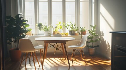 Bright interior with table chairs plants near window sunlight streaming in.