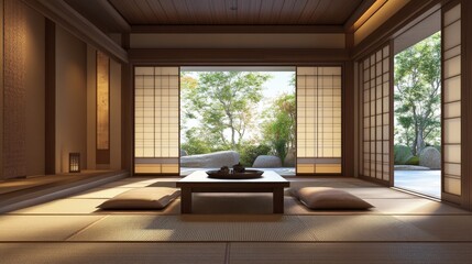 Fototapeta premium A tranquil japanese interior with open doors to a garden view
