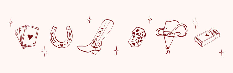 Cowgirl and cowboy set in hand drawn coquette style. Retro whimsical symbols for bachelorette and girls birthday party. Trendy art for holidays banner. Outline vector illustration