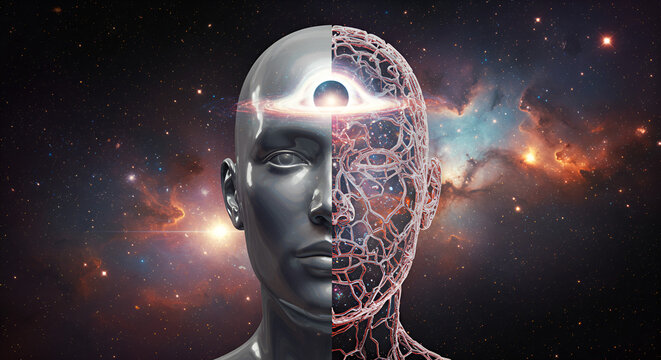Cosmic Cybernetic Mind, Futuristic AI Consciousness, Liquid Metal Brain, Surreal Neural Galaxy, Cyberpunk Space Intelligence