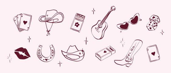Cowgirl set in hand drawn coquette style. Vintage whimsical symbols with bow for bachelorette and girls birthday party. Trendy art for rodeo holidays banner. Doodle vector illustration