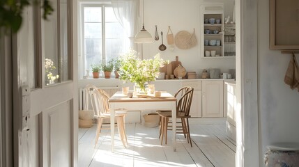 Obraz premium Bright kitchen with table chairs flowers sunlight white interior design home decor.